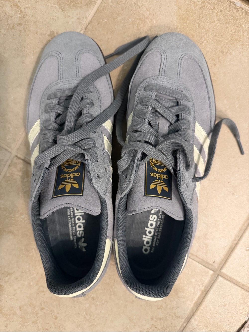 adidas Men’s Gray Suede Sneakers with Cream Stripes